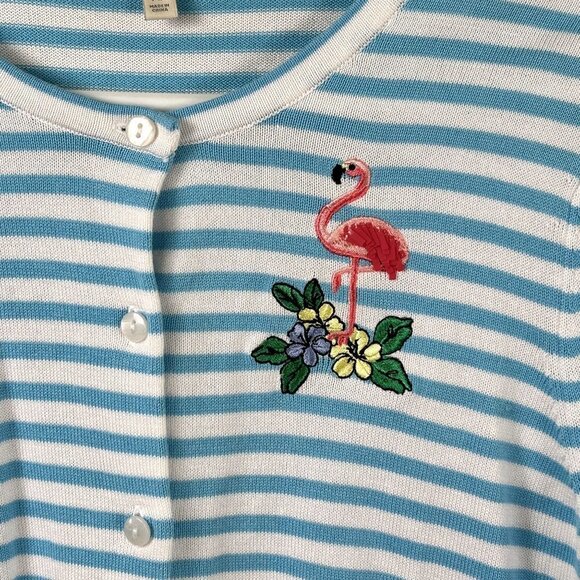 Talbots Cardigan Sweater Petite M MP Blue White Striped Embroidered Flamingo - Picture 2 of 10